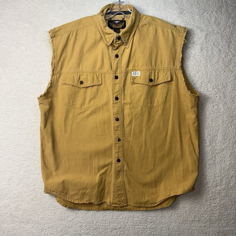 Vintage‎ Harley Davidson Cut Off Sleeveless Vest Frayed Biker Mustard Yellow XL